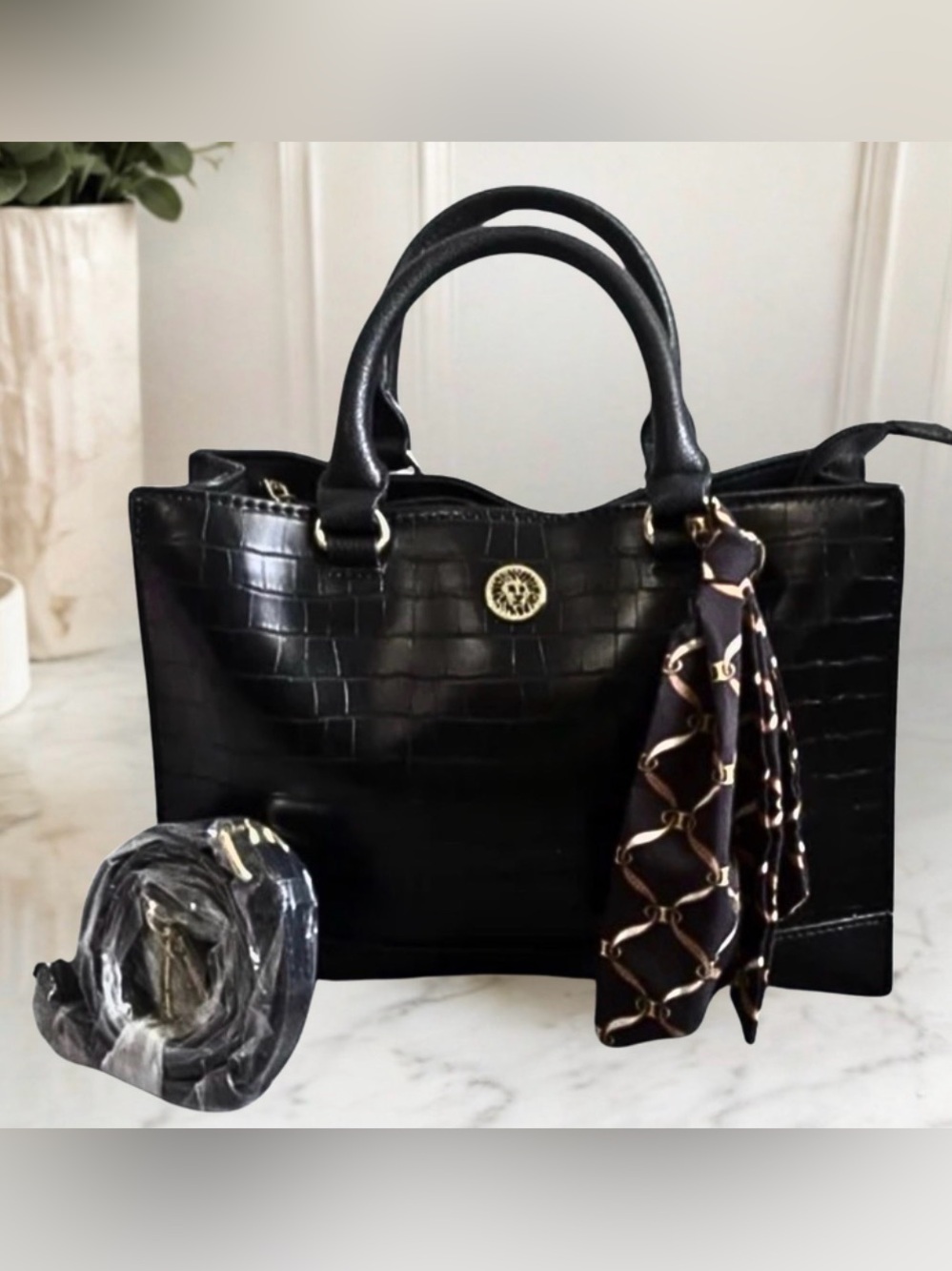 Anne Klein Black Croc-Textured Tote Bag with Scarf Accent